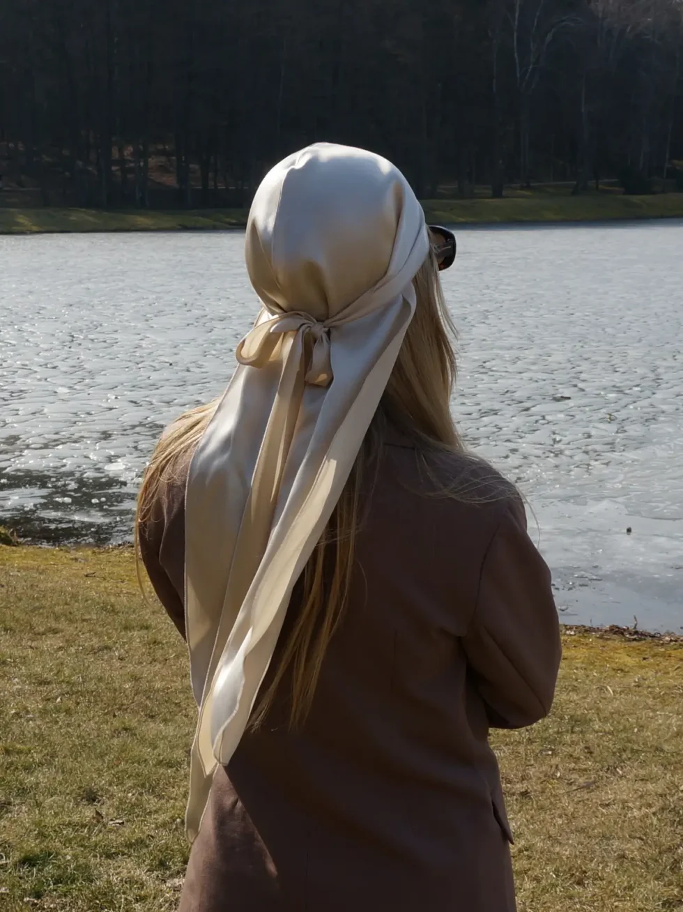Silk scarf with long ties – champagne beige 1