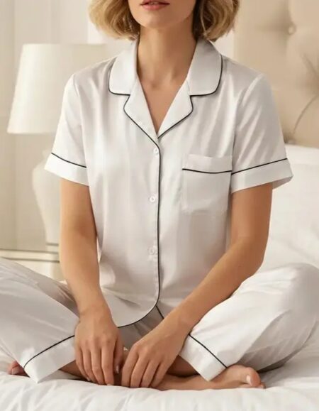 Ilga 100 % Mulberry šilko pižama moterims, balta