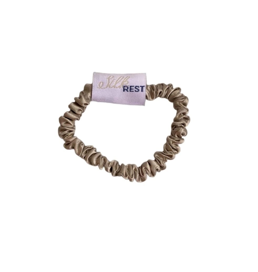 Thin Mulberry Silk Hair Scrunchie – Rose Gold